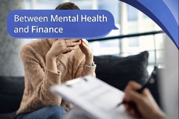 Breaking the Stigma | A distressed woman sits on a sofa with her head in her hands while a counsellor or adviser holds a clipboard in the foreground, suggesting a difficult discussion. A blue speech bubble in Open Sans reads “Between Mental Health and Finance,” with curved blue Connect Mortgages brand accents in the top-right corner.