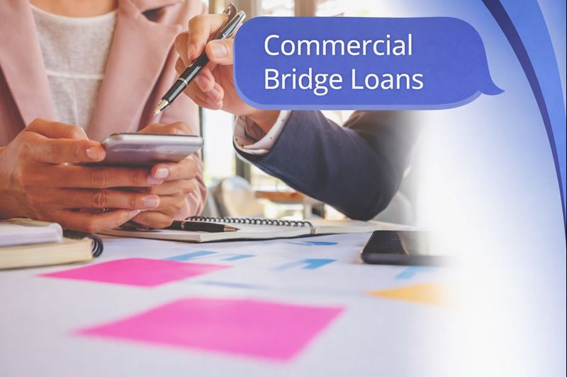 A 600x300 banner showing a close-up of two professionals at a desk, one holding a smartphone while the other points with a pen. On the right side, Connect Mortgages’ curved blue branded shapes run vertically. A blue speech-bubble title in Open Sans reads “Commercial Bridge Loans”.