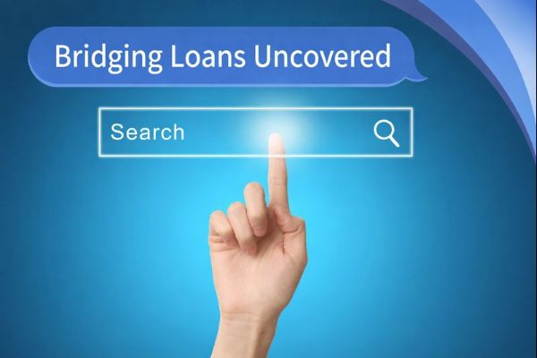 A hand reaches up to tap a glowing digital search bar on a blue gradient background. At the top, a blue speech bubble in Open Sans reads “Bridging Loans Uncovered,” with curved blue Connect Mortgages brand accents in the top-right corner.