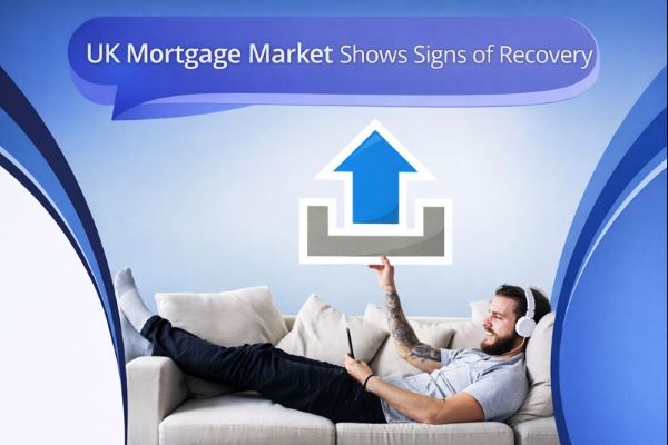 Blue branded graphic with a large speech bubble reading “UK Mortgage Market Shows Signs of Recovery”. Below, a man relaxes on a beige sofa wearing headphones and holding a phone while pointing to a large upward arrow icon above him. Curved blue design elements frame the edges on a white background.