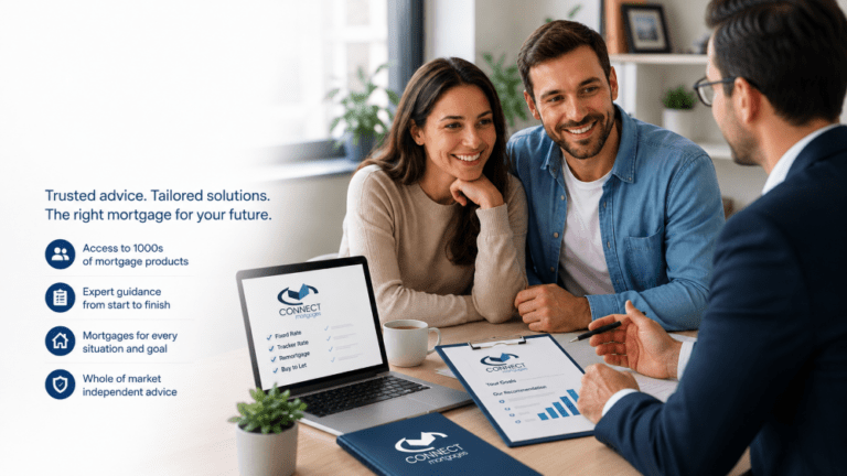 Find an expert mortgage broker with Connect Mortgages, showing a broker advising clients with mortgage guidance, product options and branded materials.