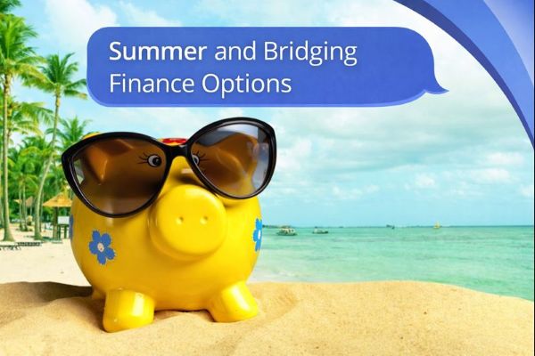 A yellow piggy bank wearing oversized black sunglasses sits on sandy beach with palm trees on the left and turquoise sea on the right under a bright sky. A blue speech bubble in Open Sans reads “Summer and Bridging Finance Options,” with curved blue Connect Mortgages brand accents in the top-right corner.