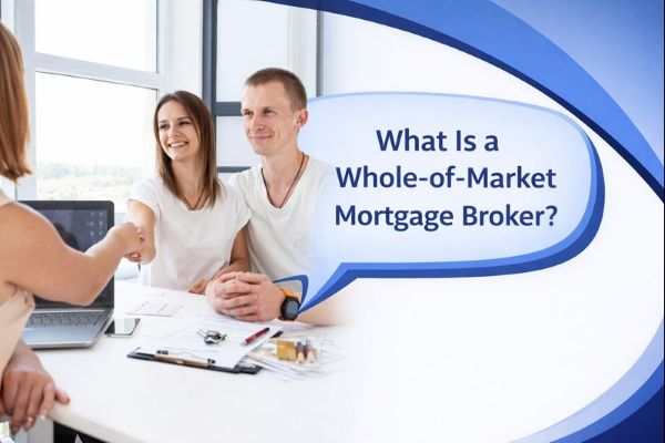 Photo of a couple meeting a mortgage adviser in a bright office, with documents and a laptop on the table and a handshake in the foreground. A Connect Mortgages branded blue curved panel covers the full right side, with a blue speech bubble containing the title “What Is a Whole-of-Market Mortgage Broker?” in Open Sans.