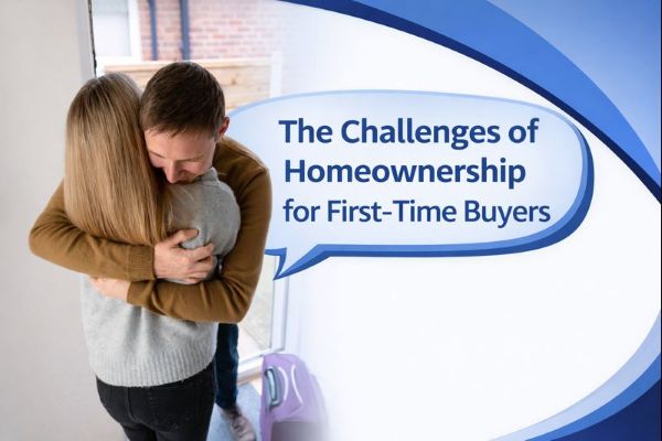 Photograph of a couple hugging in the doorway of their new home, with a suitcase nearby. A blue speech bubble in Connect Mortgages branded colours extends across the right side, displaying the title “The Challenges of Homeownership for First-Time Buyers” in Open Sans, set against a smooth curved branded background.