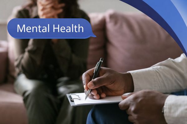 A close-up scene shows a counsellor holding a notepad and pen while sitting opposite a person on a sofa with their hands clasped, suggesting a supportive mental health conversation. A blue speech bubble in Open Sans reads “Mental Health,” with curved blue Connect Mortgages brand accents in the top-right corner.