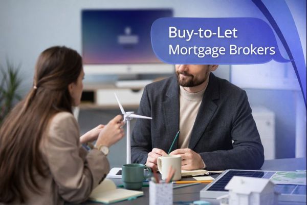 Branded 600x300 banner showing a mortgage adviser meeting, with a blue Connect-style right-side swoosh and a speech-bubble title reading “Buy-to-Let Mortgage Brokers” in Open Sans.