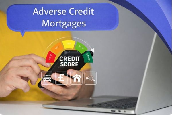 A person in a yellow top holds a smartphone above an open laptop, with a credit score gauge graphic on screen showing a range from poor to excellent and “CREDIT SCORE” text in the centre. A blue speech bubble in Open Sans reads “Adverse Credit Mortgages,” with curved blue Connect Mortgages brand accents in the top-right corner, and the crown icon has been removed.