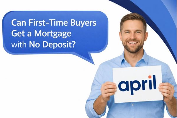 A white promotional graphic with curved blue brand accents in the top-right corner. On the left, a blue speech bubble reads “Can First-Time Buyers Get a Mortgage with No Deposit?” in Open Sans. On the right, a smiling man in a light blue shirt holds a sign with the April logo.