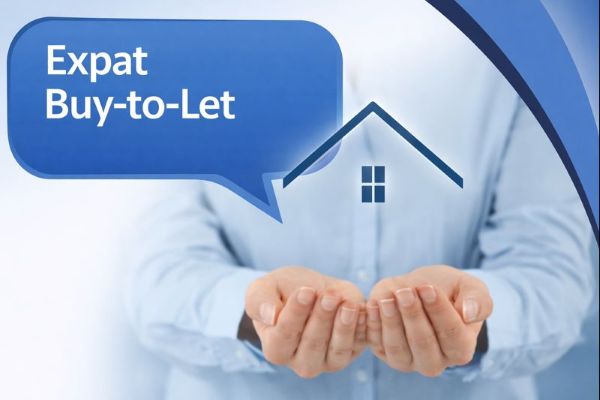 A person wearing a light blue shirt holds their hands open as a simple house icon appears above them. A blue speech bubble reads “Expat Buy-to-Let” in Open Sans, using Connect Mortgages’ branded blue colours on a clean white background with curved blue accents on the right.