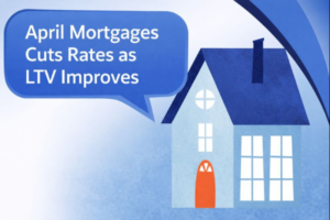 April Mortgages Cuts Rates as LTV Improves. A stylised illustration of a house with a textured dark blue roof and light blue walls, featuring white windows and an orange front door, set against a plain black background.