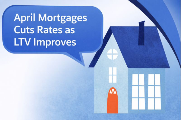 April Mortgages Cuts Rates as LTV Improves. A stylised illustration of a house with a textured dark blue roof and light blue walls, featuring white windows and an orange front door, set against a plain black background.