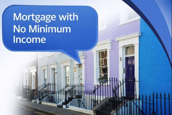 A row of pastel-coloured terraced houses with black railings and steps, including a purple house and a bright blue house. A blue speech bubble reads “Mortgage with No Minimum Income” in Open Sans, using Connect Mortgages’ branded blue colours on a clean white background with curved blue accents on the right.