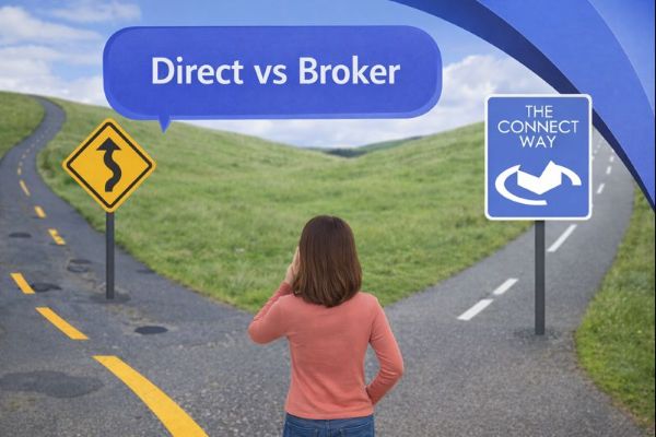 A realistic image of a woman standing at a fork in the road, viewed from behind, considering two different paths. One road is worn and uneven with a warning sign, while the other is smoother and signposted “THE CONNECT WAY.” Above her, a blue speech bubble reads “Direct vs Broker” in Open Sans, with curved blue Connect Mortgages brand accents across a bright sky and green countryside.