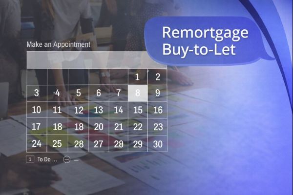 A 600×300 branded banner shows a calendar and appointment-planning scene in the background, symbolising scheduling and review. The right side of the image smoothly transitions into curved blue Connect Mortgages brand shapes. A blue speech bubble in Open Sans reads “Remortgage Buy-to-Let,” positioned clearly over the branded area.