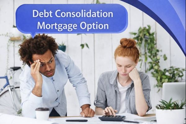 A stressed couple sits at a table covered in paperwork in a bright home office, with the man holding his head and the woman using a calculator. A blue speech bubble in Open Sans reads “Debt Consolidation Mortgage Option,” with curved blue Connect Mortgages brand accents in the top-right corner.