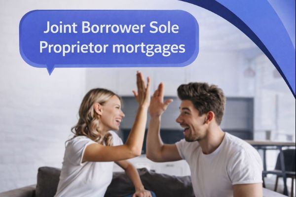 A couple sits on a sofa in a bright modern living room, smiling and giving each other a high five. A blue speech bubble in Open Sans reads “Joint Borrower Sole Proprietor mortgages,” with curved blue Connect Mortgages brand accents in the top-right corner.