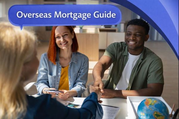 A smiling couple meets with an adviser at a desk in a bright office, with the man shaking hands and a small globe on the table. A blue speech bubble in Open Sans reads “Overseas Mortgage Guide,” with curved blue Connect Mortgages brand accents in the top-right corner.