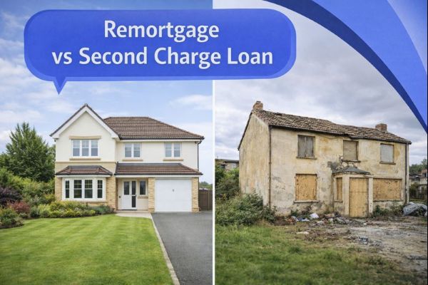 A split-screen branded graphic showing two contrasting houses. On the left is a modern, well-kept home with a neat garden and driveway; on the right is a run-down boarded-up property with overgrown ground. A blue speech bubble in Open Sans reads “Remortgage vs Second Charge Loan,” with curved blue Connect Mortgages brand accents in the top-right corner.