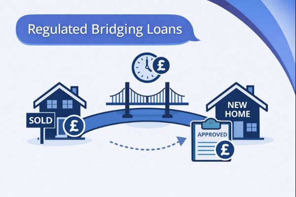 A flat illustration shows a “SOLD” house on the left and a “NEW HOME” house on the right, connected by a bridge and a dotted arrow, with icons for a clock, money, and an “APPROVED” document. A blue speech bubble in Open Sans reads “Regulated Bridging Loans,” with curved blue Connect Mortgages brand accents in the top-right corner.