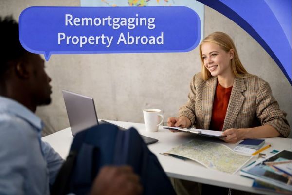 A woman adviser sits at a desk smiling while speaking with a client, with maps and documents laid out on the table in a bright office setting. A blue speech bubble in Open Sans reads “Remortgaging Property Abroad,” with curved blue Connect Mortgages brand accents in the top-right corner.