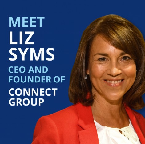 About Us graphic featuring a headshot of Liz Syms in a red blazer on a blue background, with the text ‘Meet Liz Syms, CEO and Founder of Connect Group’