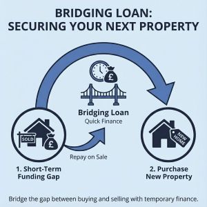 Infographic explaining a bridging loan, showing short-term finance used to bridge the gap between selling one property and purchasing a new one, with icons for quick funding, repayment on sale, and securing the next property.