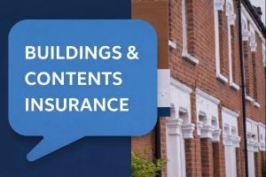 Graphic showing red brick terraced houses on the right, with overlapping speech bubble shapes on the left in dark blue and light blue. White Open Sans uppercase text reads “BUILDINGS and CONTENTS INSURANCE”.