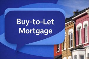 Buy-to-Let Mortgage graphic showing a row of UK terraced houses on the right, with a unique dark blue and light blue speech bubble on the left containing the Open Sans text “Buy-to-Let Mortgage”.
