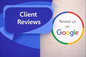 Client Reviews graphic showing a unique dark blue and light blue speech bubble with Open Sans text “Client Reviews”, alongside Google branding with five gold stars to represent Google reviews and customer feedback.