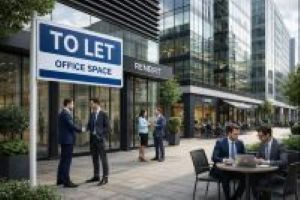 A modern business district with glass office buildings and outdoor café seating. A large blue sign in the foreground reads “TO LET OFFICE SPACE” while two men in suits shake hands nearby, and other professionals talk or work at tables along the walkway.