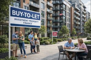 Residential buy-to-let investment scene outside modern UK-style apartment blocks, with a large “BUY-TO-LET INVESTMENT PROPERTY FINANCE” sign in the foreground, regular people nearby including a couple checking a phone, a young family, and an older couple having coffee, plus a “FOR SALE” sign in the background on a bright daytime walkway.
