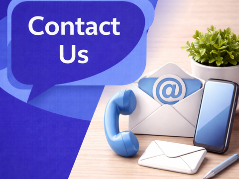 Contact Us graphic showing a unique dark blue and light blue speech bubble with Open Sans text “Contact Us”, alongside contact icons including a phone handset, an email envelope with an @ symbol, and a smartphone on a desk.