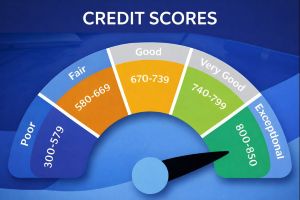 Credit Report graphic showing a semicircle credit score gauge with Open Sans labels for Poor (300 to 579), Fair (580 to 669), Good (670 to 739), Very Good (740 to 799), and Exceptional (800 to 850), with a pointer aimed towards the higher score range, using dark blue and light blue branding colours for the background and separators.