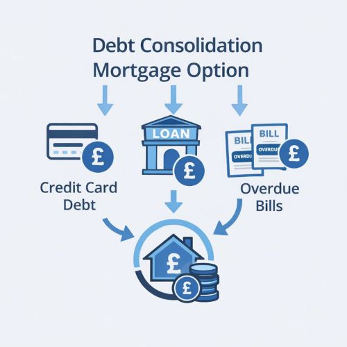 Square infographic in light blue and dark blue titled Debt Consolidation Mortgage Option showing credit card debt, a loan, and overdue bills flowing via arrows into a central house icon with pound symbols and stacked coins to represent combining debts into one mortgage.