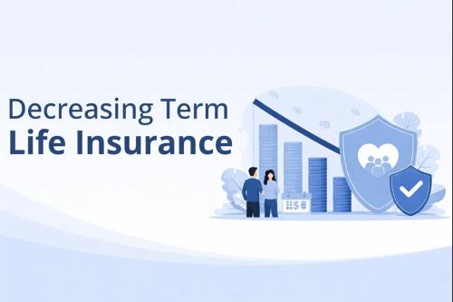 Square 600×300 graphic in dark blue with light-blue accents, featuring the title “Decreasing Term Life Insurance” in a clean Open Sans-style font alongside a simple downward-sloping line/arrow icon to represent cover reducing over time.