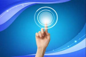 Graphic showing a hand pressing a glowing circular touch interface at the location Essex on a blue background, styled entirely in the brand colours light blue (#232942) and dark blue (#5b7dbc), with layered wave shapes and subtle light accents.