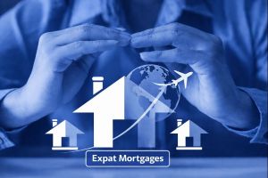 Close-up of hands forming a protective shape over house icons and a globe with an aeroplane, finished with a blue tint to represent overseas property ownership and Expat Mortgages UK.