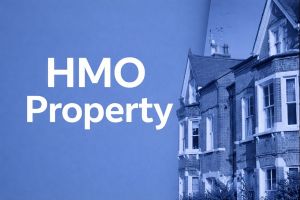 Blue-tinted graphic showing a row of UK terraced houses with the text “HMO Property,” representing a house in multiple occupation suitable for shared residential living.