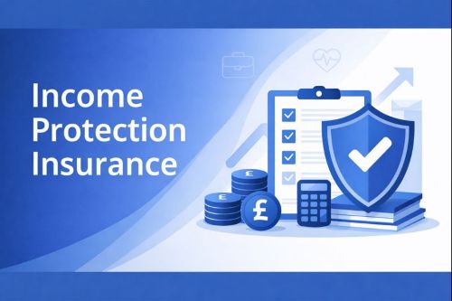 Blue themed banner showing the title Income Protection Insurance in Open Sans font alongside a shield and checklist, with stacked coins displaying the pound symbol to represent financial security and income protection.