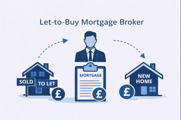 Wide banner graphic in light blue and dark blue titled “Let-to-Buy Mortgage Broker,” showing a mortgage broker connecting a property marked “Sold / To Let” to a new home, with pound symbols and a mortgage document to represent a let-to-buy mortgage.