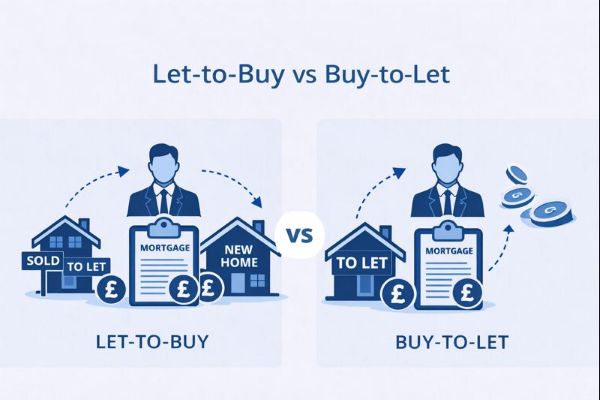 Wide comparison graphic in light blue and dark blue titled Let-to-Buy vs Buy-to-Let showing side-by-side illustrations of a let-to-buy setup with a sold home becoming a rental and a new home purchase, versus a buy-to-let setup focused on buying a rental property for investment income.