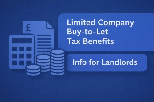 Blue branded graphic showing a calculator, tax document, and stacked coins with the text “Limited Company Buy-to-Let Tax Benefits” and “Info for Landlords,” representing landlord tax savings through a limited company buy-to-let structure.