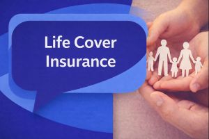 Life Cover Insurance graphic showing a unique dark blue and light blue speech bubble on the left with Open Sans text “Life Cover Insurance”, and on the right hands holding a paper family cut-out to represent life insurance and protection.