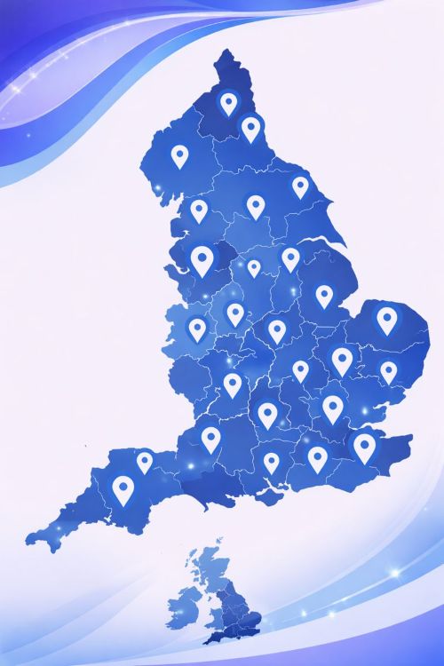 Mortgage Brokers Near You graphic showing a stylised map of England in dark and light blue branding colours, with multiple location pin icons placed across to represent nationwide mortgage broker coverage.