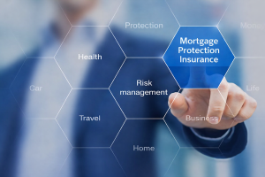 Business professional touching a blue hexagon labelled Mortgage Protection Insurance within a digital insurance and risk management interface.