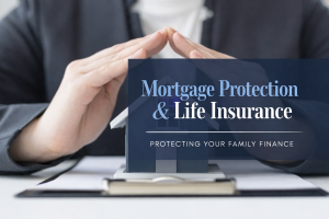 Mortgage Protection & Life Insurance concept showing a professional shielding a house model with their hands, representing protecting family finances and home security.