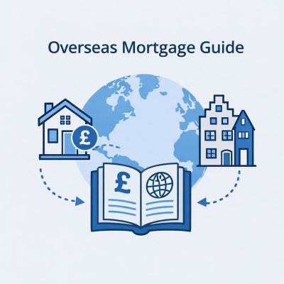 Square light and dark blue graphic titled Overseas Mortgage Guide showing a globe behind an open guidebook with a pound sign, linking a UK-style house to overseas buildings, representing an overseas mortgage guide.