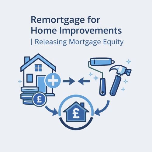 Square graphic in light blue and dark blue showing a house and mortgage coins feeding into home improvement tools, with the title Remortgage for Home Improvements | Releasing Mortgage Equity in Open Sans.