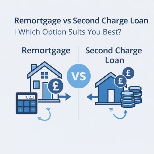 Square infographic in light blue and dark blue titled Remortgage vs Second Charge Loan | Which Option Suits You Best? showing a split comparison with a remortgage icon (house, calculator, pound symbol) on the left, a “VS” circle in the centre, and a second charge loan icon (house, stacked coins, pound symbols) on the right.