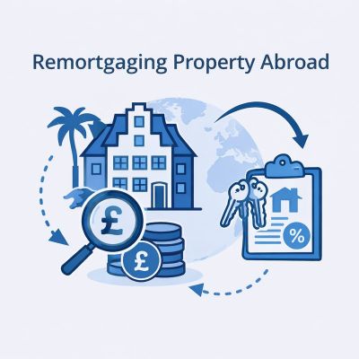 Unique flat illustration in light blue and dark blue titled Remortgaging Property Abroad showing an overseas-style house with a palm tree, a globe in the background, and mortgage paperwork with keys and pound symbols to represent remortgaging property abroad.